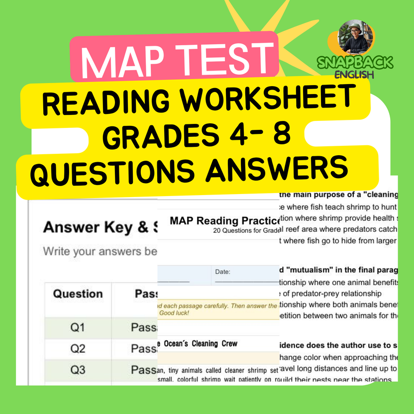[Free] MAP Test Reading Worksheet Grades 4- 8 Questions Answers 맵테스트 리 ...